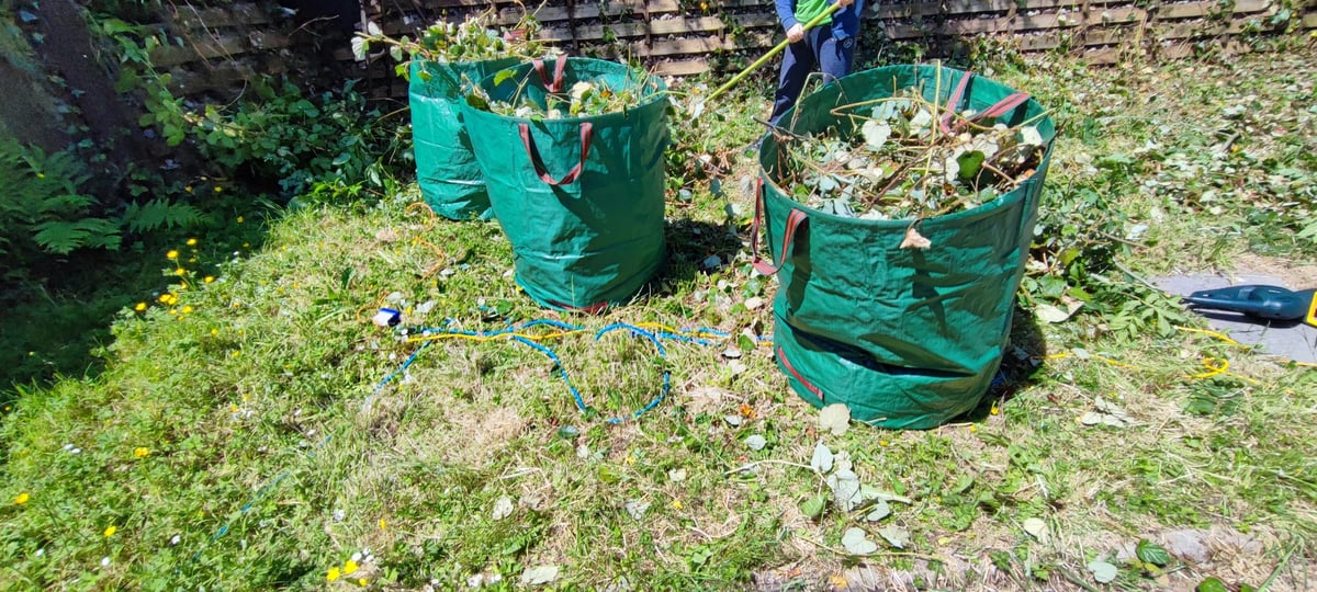 Sacchi di rifiuti vegetali dopo diserbo e pulizia giardino